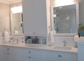 Master bathroom renovation project that features a stand alone clawfoot tub and corner shower that is full of ideas to use on your project
